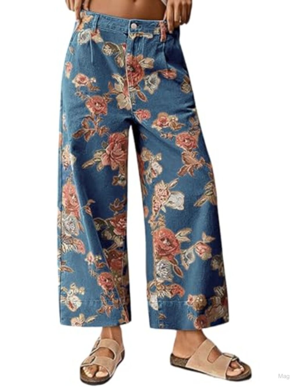 Women's Wide Leg Cropped Floral Jeans - Mid Rise